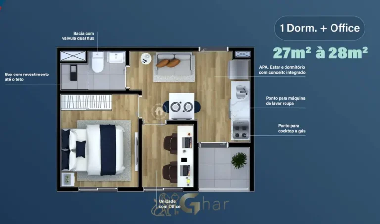 Planta do apartamento de 1 dormitório com office de 28 m² em condomínio residencial no bairro de Itaquera, na Zona Leste de São Paulo