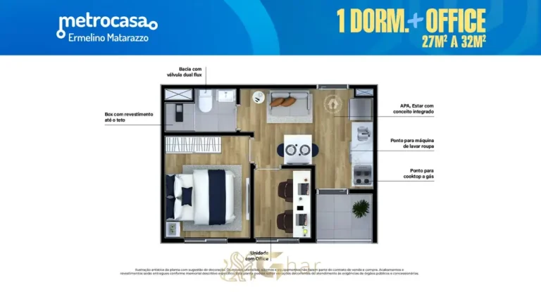 Planta do apartamento de 1 dormitório com office de 32 m² em apartamentos no bairro de Ermelino Matarazzo, São Paulo