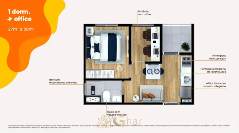 Planta do apartamento de 1 dormitório + office de 28 m² em apartamentos no bairro da Freguesia do Ó, São Paulo