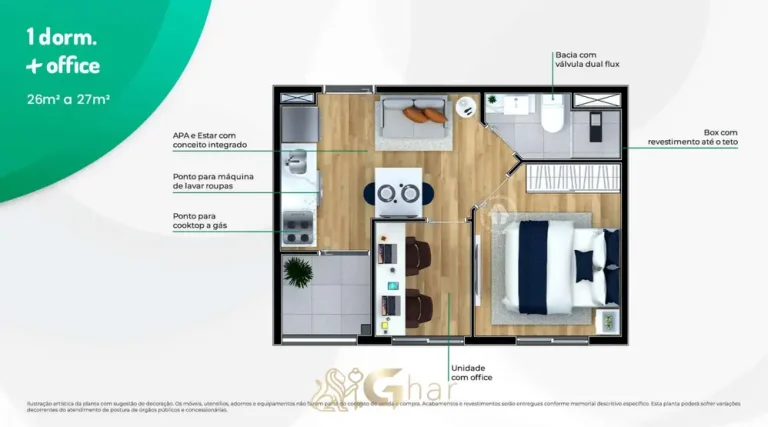Planta do apartamento de 1 dormitório com office de 27 m² em apartamentos no bairro de Santo Amaro, São Paulo