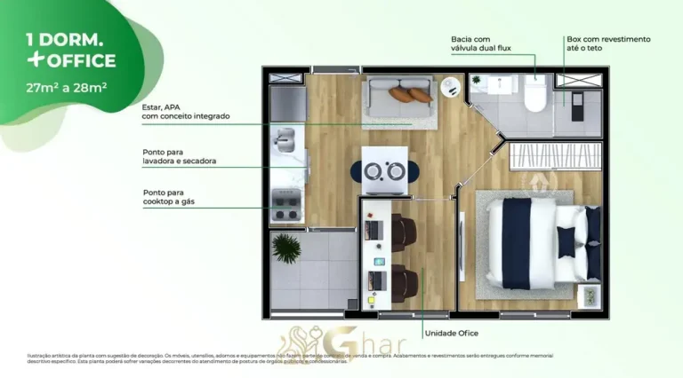 Planta do apartamento de 1 dormitório com office de 28 m² em condomínio residencial no bairro da Vila Prudente, na Zona Leste de São Paulo