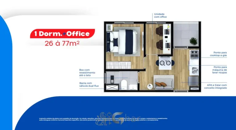 Planta do apartamento de 1 dormitório + office de 26,14 m² em condomínio residencial no bairro do Patriarca, na Zona Leste de São Paulo