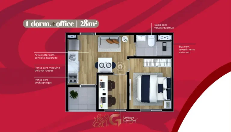 Planta do apartamento de 1 dormitório com office de 28 m² em condomínio residencial no bairro de Perus, na Zona Norte de São Paulo