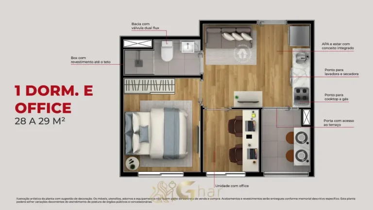 Planta do apartamento de 1 dormitório + office de 29 m² do condomínio Metrocasa Guilhermina Esperança no bairro da Vila Guilhermina, São Paulo