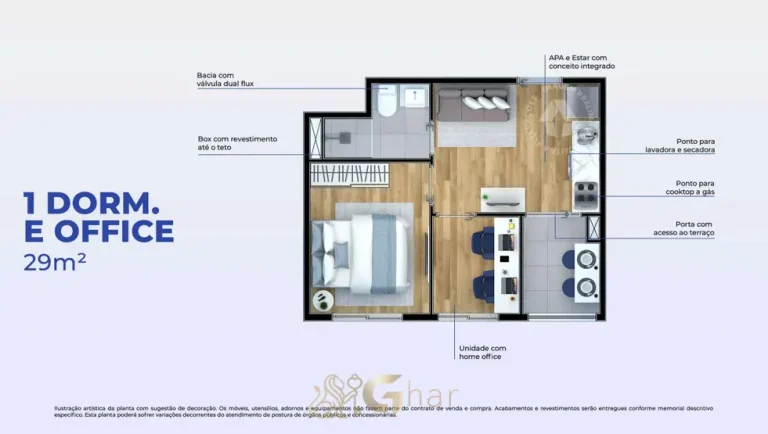 Planta do apartamento de 1 dormitório com office de 29 m² do condomínio Metrocasa Jaçanã II no bairro do Jaçanã, São Paulo