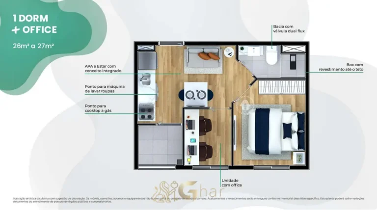 Planta do apartamento 1 dormitório com office de 27 m² em condomínio residencial no bairro do Jaguaré, na Zona Oeste de São Paulo