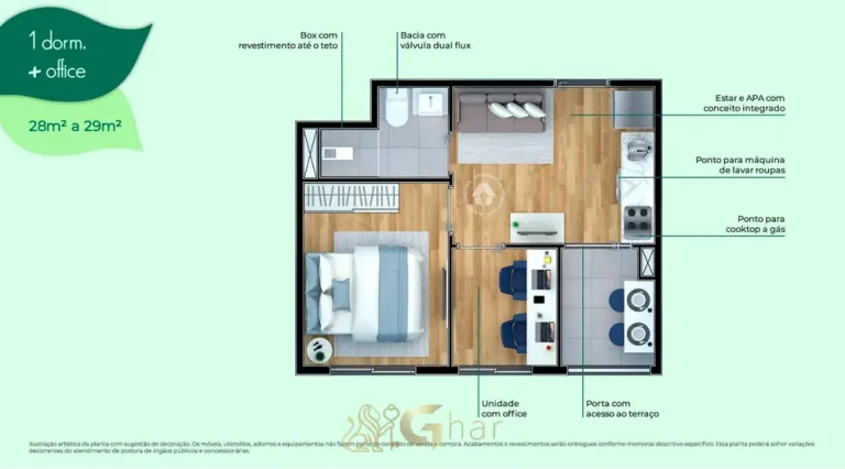 Planta do apartamento 1 dormitório mais office de 29 m² em condomínio residencial no bairro do Cursino, na Zona Sul de São Paulo