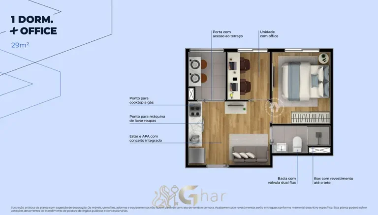 Planta do apartamento de 1 dormitório com office de 29 m² do condomínio Metrocasa Liberdade no bairro da Liberdade, São Paulo