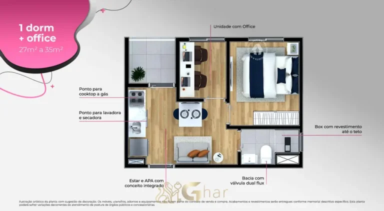 A planta do apartamento de 1 dormitório com office de 35 m² em condomínio residencial no bairro da Vila Prudente, na Zona Leste de São Paulo