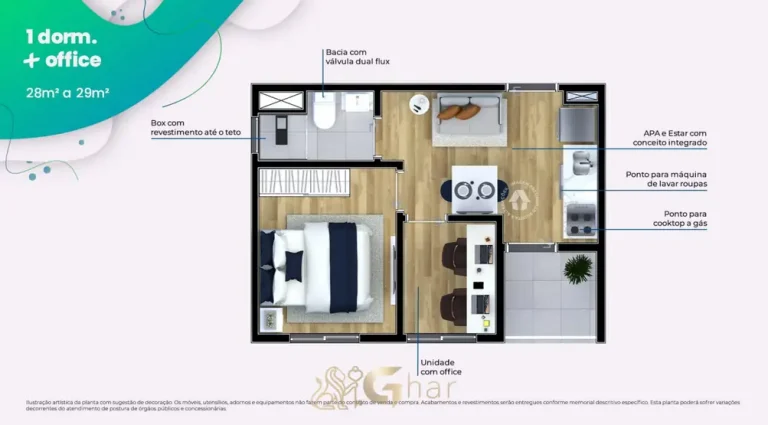 Planta do apartamento 1 dormitório com office de 29 m² em condomínio residencial no bairro do Cangaíba, na Zona Leste de São Paulo