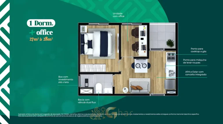 Planta do apartamento 1 dormitório + office de 28 m² em apartamentos no bairro da Cidade Ademar, São Paulo