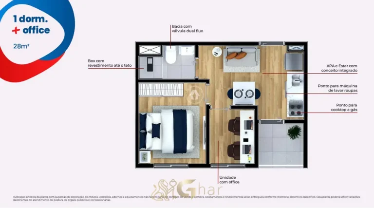 Planta do apartamento 1 dormitório com office de 28 m² em condomínio residencial no bairro da Penha, na Zona Leste de São Paulo