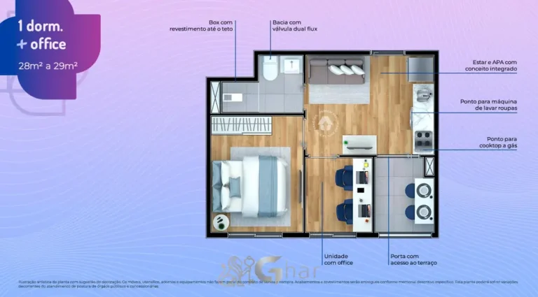 Planta do apartamento de 1 dormitório com office de 29 m² em apartamentos no bairro da Praça da Árvore, São Paulo
