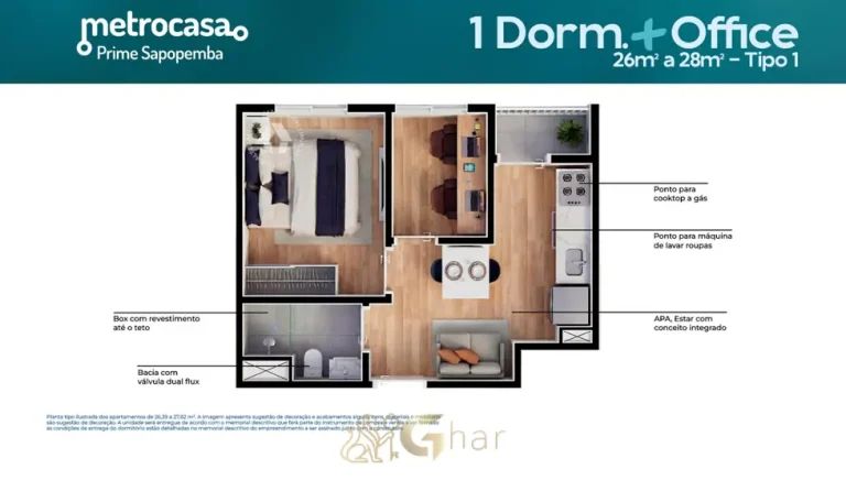 Planta do apartamento de 1 dormitório mais office de 28 m² do condomínio Metrocasa Prime Sapopemba no bairro de Sapopemba, São Paulo