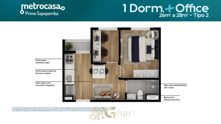 Planta detalhada do apartamento de 1 dormitório mais office de 28 m² em apartamentos no bairro de Sapopemba, São Paulo