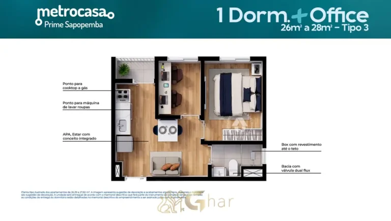 Segunda planta do apartamento de 1 dormitório mais office de 28 m² em condomínio residencial no bairro de Sapopemba, na Zona Leste de São Paulo