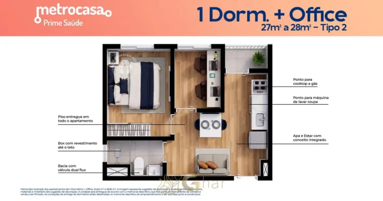 Planta do apartamento de 1 dormitório com office de 27 m² do condomínio Metrocasa Prime Saúde no bairro da Saúde, São Paulo
