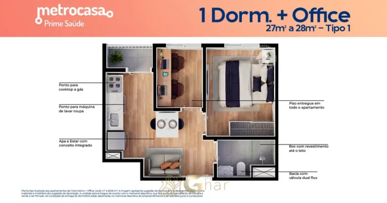 Planta do apartamento de 1 dormitório com office de 28 m² em condomínio residencial no bairro da Saúde, na Zona Sul de São Paulo