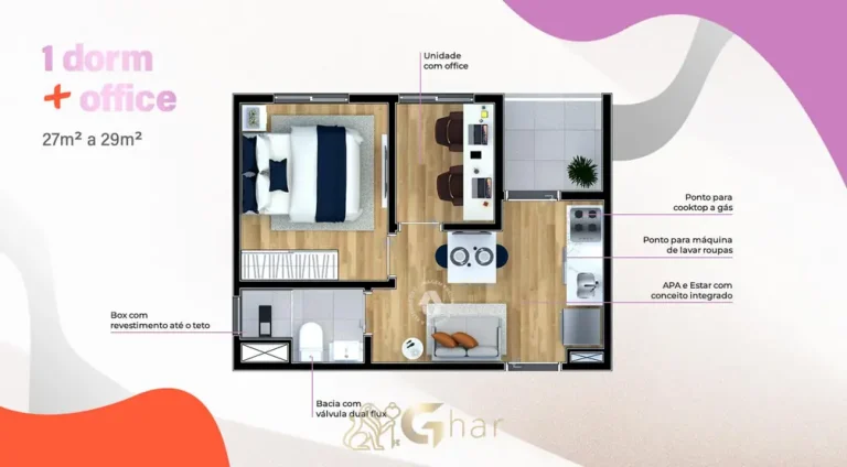 Planta do apartamento de 1 dormitório mais office de 29 m² em condomínio residencial no bairro da Vila Ema, na Zona Leste de São Paulo