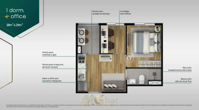 Planta do apartamento 1 dormitório mais office de 29 m² em apartamentos no bairro do Morumbi, São Paulo