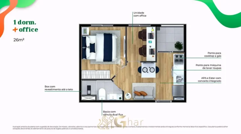 Planta do apartamento de 1 dormitório com office de 26 m² do condomínio Metrocasa Sacomã II no bairro do Sacomã, São Paulo