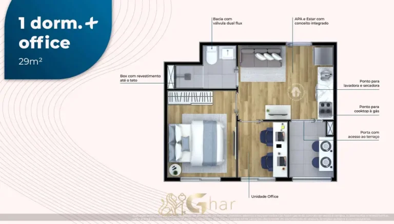 Planta do apartamento de 1 dormitório com office de 29 m² do condomínio Metrocasa Santo Amaro no bairro de Santo Amaro, São Paulo