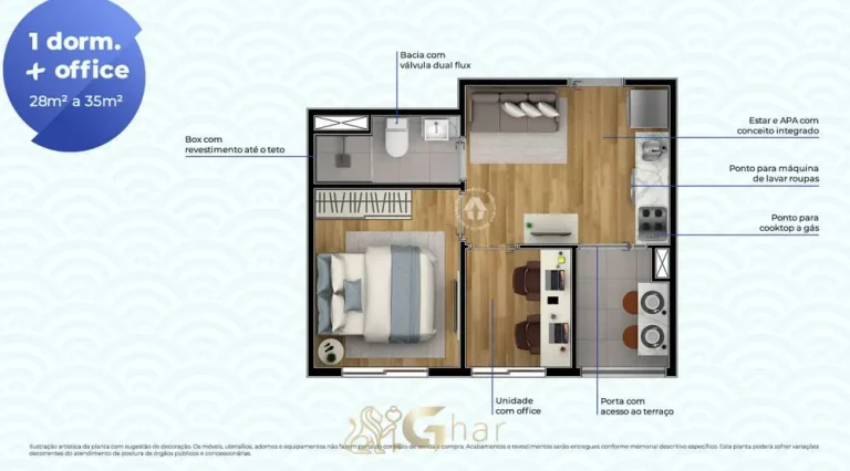 Planta do apartamento de 1 dormitório com office de 35 m² em condomínio residencial no bairro da Liberdade, no Centro de São Paulo