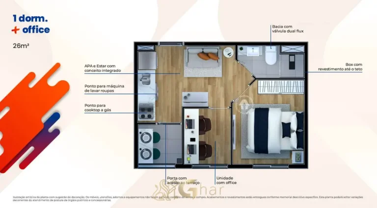 Planta do apartamento de 1 dormitório com office de 26 m² em apartamentos no bairro de São Miguel Paulista, São Paulo
