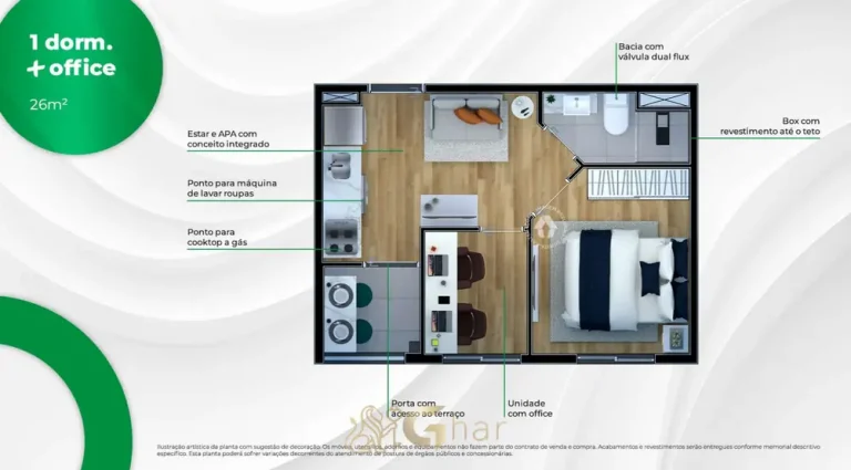 Planta do apartamento de 1 dormitório com office do condomínio Metrocasa Sapopemba no bairro de Sapopemba, São Paulo