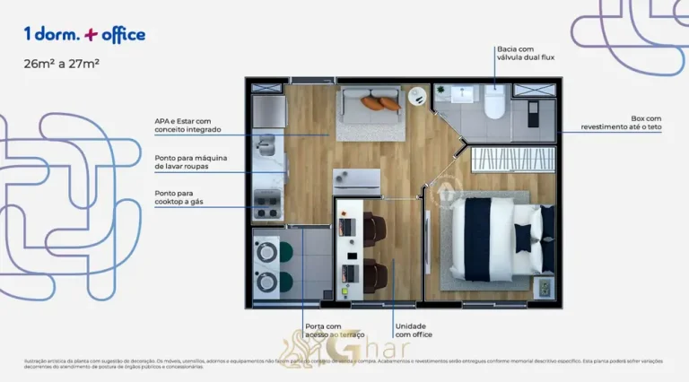 Planta do apartamento de 1 dormitório com office de 26 m² em apartamentos no bairro do Tucuruvi, São Paulo