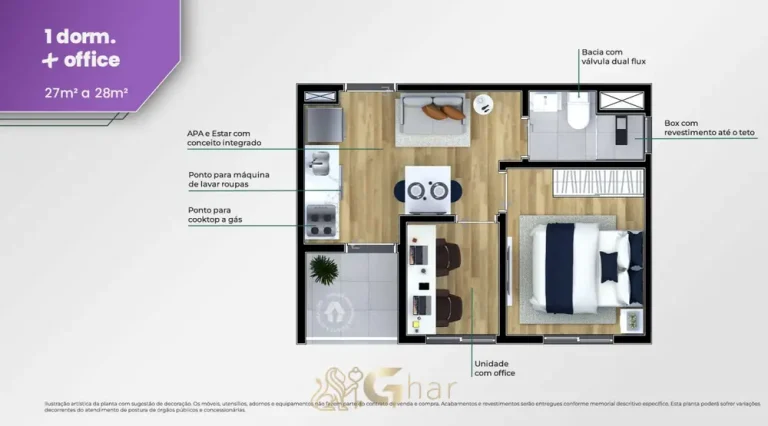 Planta do apartamento de 1 dormitório com office de 28 m² em condomínio residencial no bairro do Carrão, na Zona Leste de São Paulo
