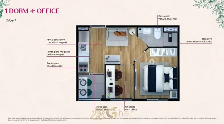 Planta do apartamento de 1 dormitorio com office de 26 m2 em apartamentos no bairro de Pirituba, Sao Paulo