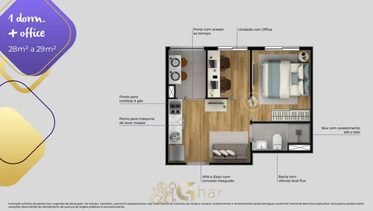 Planta do apartamento 1 dormitório e office de 29 m² em condomínio residencial no bairro da Vila das Belezas, na Zona Sul de São Paulo