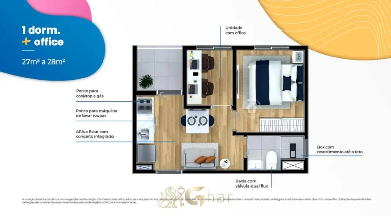 Planta do apartamento de 1 dormitório com office de 28 m² em apartamentos no bairro da Vila Guilherme, São Paulo