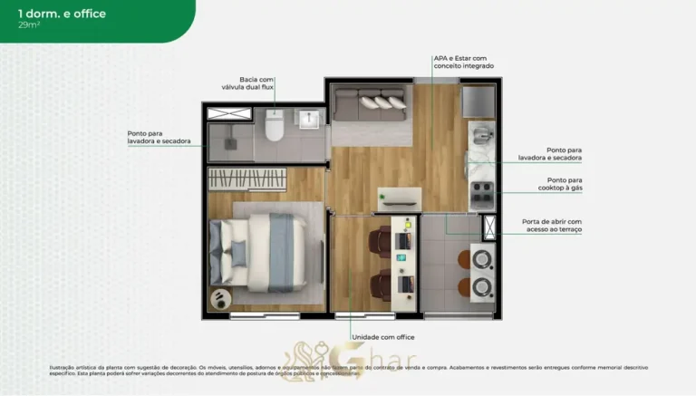 Planta do apartamento de 1 dormitório e office de 29 m² do condomínio Metrocasa Vila Prudente II no bairro da Vila Prudente, São Paulo
