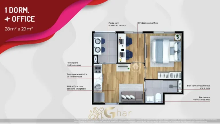 Planta do apartamento 1 dormitório com office de 29 m² em apartamentos no bairro da Vila Ré, São Paulo