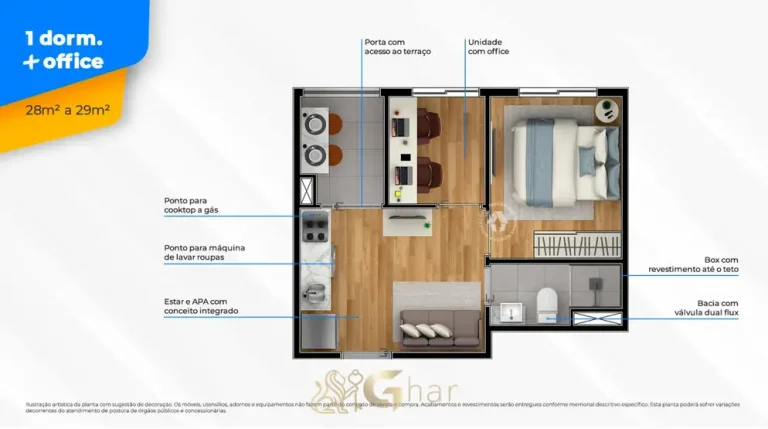 Planta do apartamento de 1 dormitório com office de 29 m² em apartamentos no bairro da Cidade Ademar, São Paulo