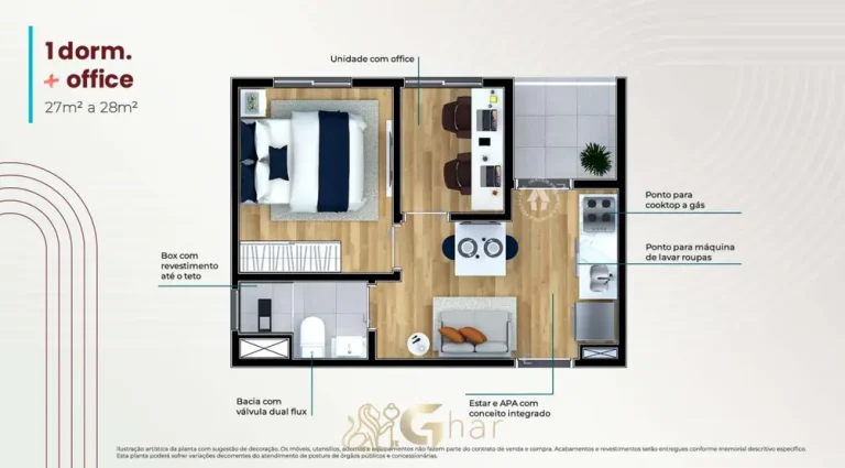 Planta do apartamento de 1 dormitório com office de 28 m² em condomínio residencial no bairro de Itaquera, na Zona Leste de São Paulo