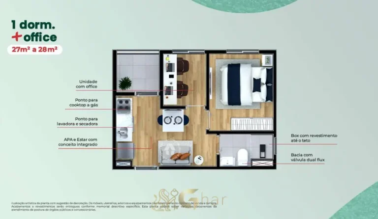 Planta do apartamento de 1 dormitório + office de 28 m² em apartamentos no bairro da Penha, São Paulo