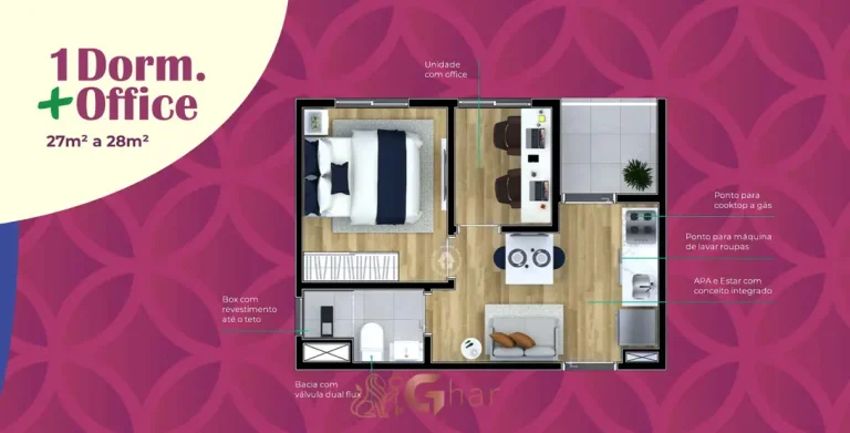 Planta do apartamento 1 dormitório + office de 28 m² em condomínio residencial no bairro de Pirituba, na Zona Oeste de São Paulo