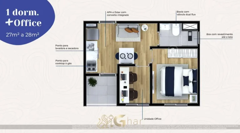 Planta do apartamento 1 dormitório com office do condomínio Metrocasa Penha II no bairro da Penha, São Paulo