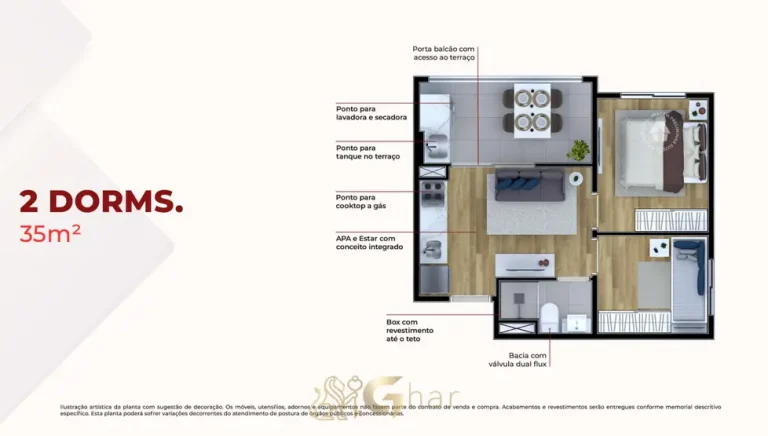 Planta do apartamento de 2 dormitórios, 35 m² do condomínio Metrocasa Parque do Carmo no bairro do Parque do Carmo, São Paulo