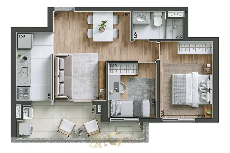 Planta do apartamento de 2 dormitórios de 50 m² do condomínio Modo Ipiranga no bairro do Ipiranga, São Paulo