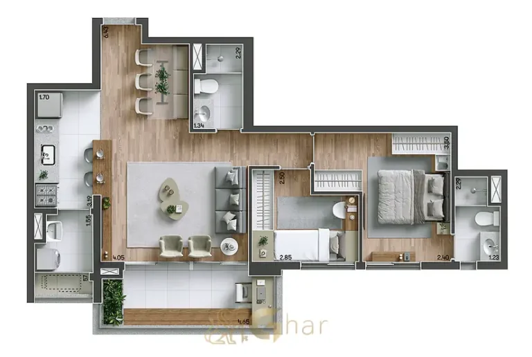 Planta do apartamento de 2 dormitórios com depósito de 75 m² em condomínio residencial no bairro do Ipiranga, na Zona Sul de São Paulo