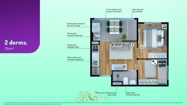 Planta do apartamento de 2 dormitórios de 35 m² em apartamentos no bairro da Vila Prudente, São Paulo