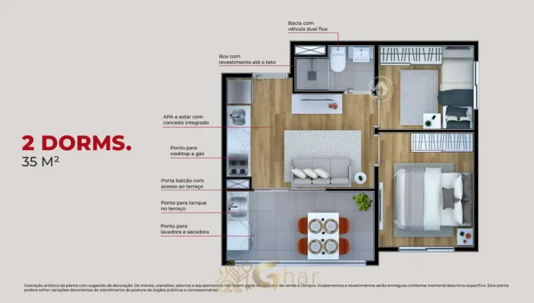 Planta do apartamento de 2 dormitórios de 35 m² do condomínio Metrocasa Guilhermina Esperança no bairro da Vila Guilhermina, São Paulo
