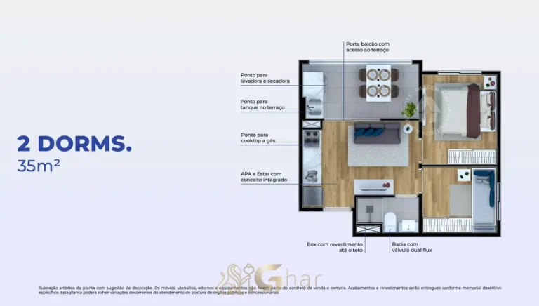 Planta do apartamento de 2 dormitórios de 35 m² em condomínio residencial no bairro do Jaçanã, na Zona Norte de São Paulo