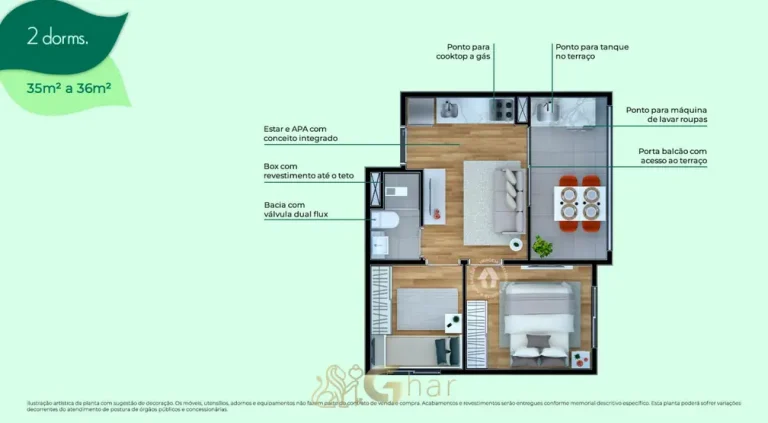 Planta do apartamento 2 dormitórios de 36 m² em condomínio residencial no bairro do Cursino, na Zona Sul de São Paulo