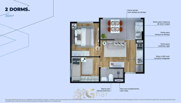 Planta do apartamento de 2 dormitórios de 35 m² do condomínio Metrocasa Liberdade no bairro da Liberdade, São Paulo