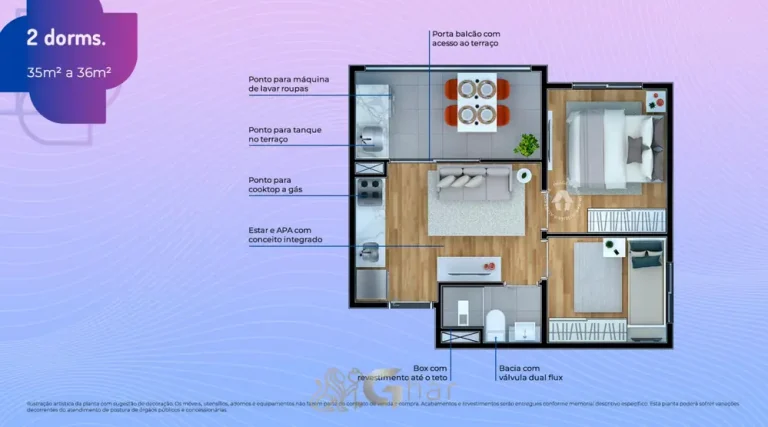 Planta do apartamento de 2 dormitórios de 36 m² em apartamentos no bairro da Praça da Árvore, São Paulo
